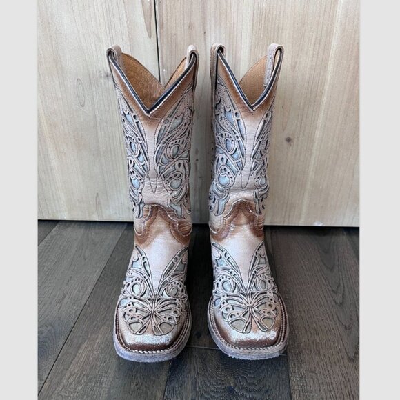 Corral Teen Shiny Inlay Western Boots Square Toe Size 2.5T Leather Cowgirl - Picture 4 of 11